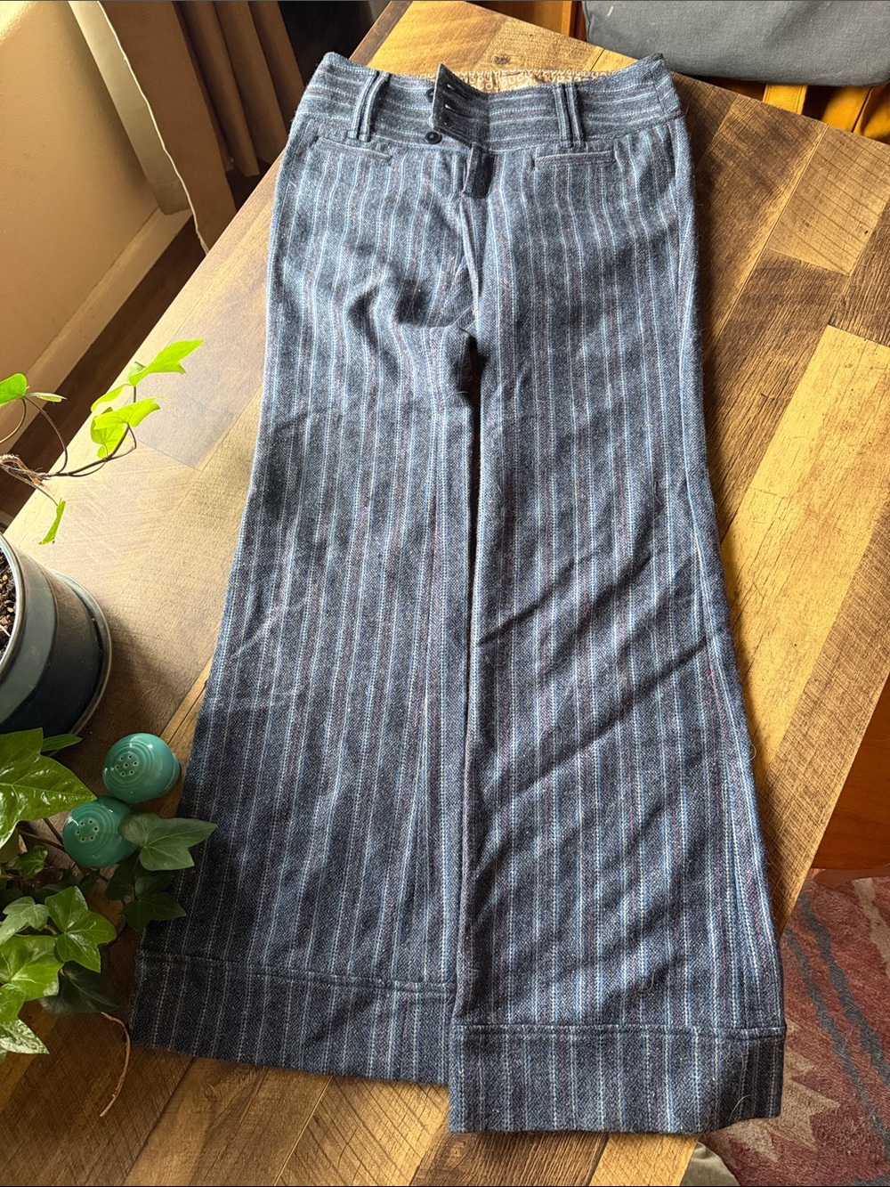 Free People Blue Tweed Trousers with Brown Print Lining